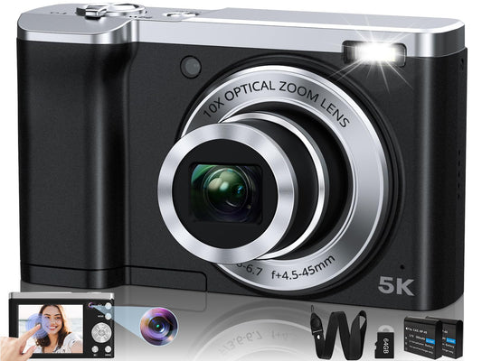 Appareil photo numérique 5K Appareils photo 56MP pour la photographie Mise au point automatique Zoom optique 10X Appareil photo compact de vlogging avec appareil photo avant et arrière Anti-tremblement 6 axes Écran tactile avec carte SD 64 Go 2 batteries