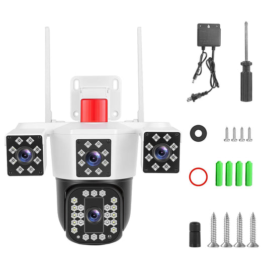 Caméra de sécurité 4 objectifs HD 1080P Vue 360° Caméra de surveillance WiFi panoramique et inclinable avec vision nocturne couleur Suivi de mouvement automatique Audio bidirectionnel Projecteurs