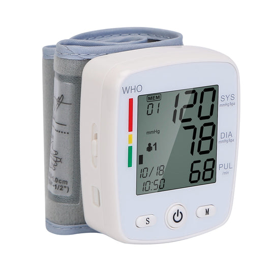 Tensiomètre numérique de poignet, testeur de rythme cardiaque avec mémoire de 90x2 lectures, écran LCD 2 pouces, boîte de rangement