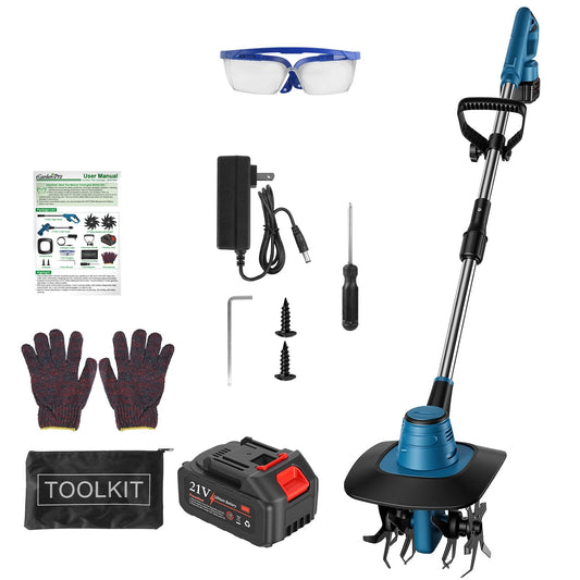 Motoculteur sans fil 800W 21V, motobineuse alimentée par batterie 3,0 Ah avec une largeur de 22 cm, une profondeur de 17 cm, des dents en acier au manganèse pour le travail du sol, le désherbage et le jardinage