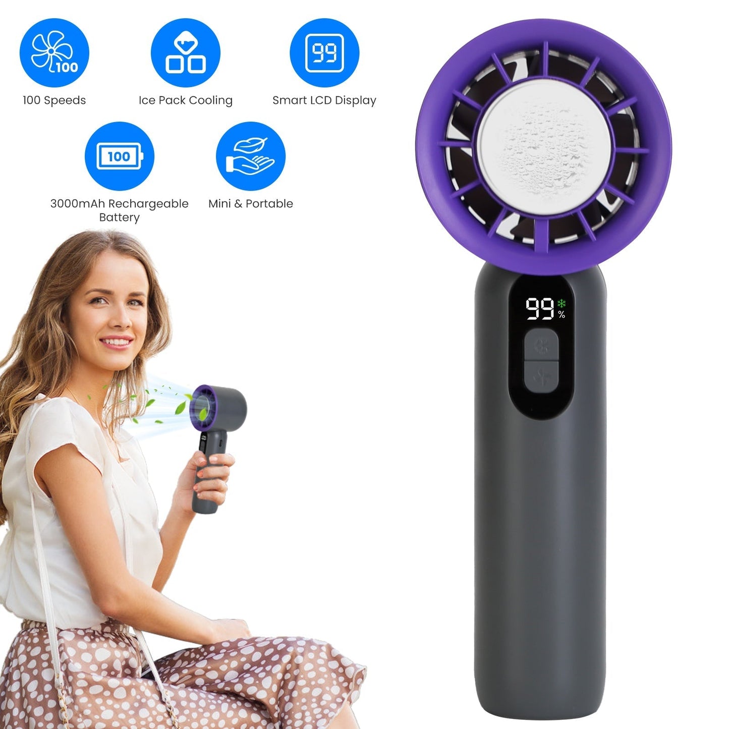 100 Speed Handheld Fan With Ice Cooler High Speed Turbo Fan 3000mAh Rechargeable Hand Fan with LCD Display for Travel Camping Beach Outdoor