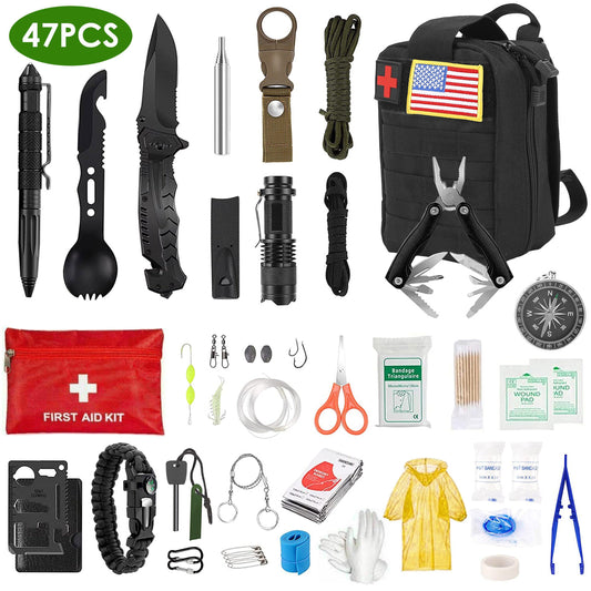 Trousse de survie d'urgence 47 pièces, équipement EDC, outils de premiers secours avec pochette, pour la randonnée, la chasse, les catastrophes, le camping et l'aventure