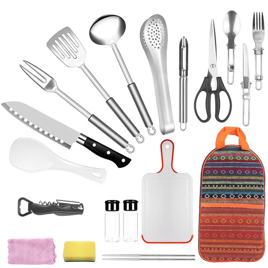 Ensemble d'ustensiles de cuisine de camping 19 pièces - Équipement de cuisine d'extérieur portable avec sac : Ustensiles, appareils et équipement pour pique-nique, barbecue au feu de camp